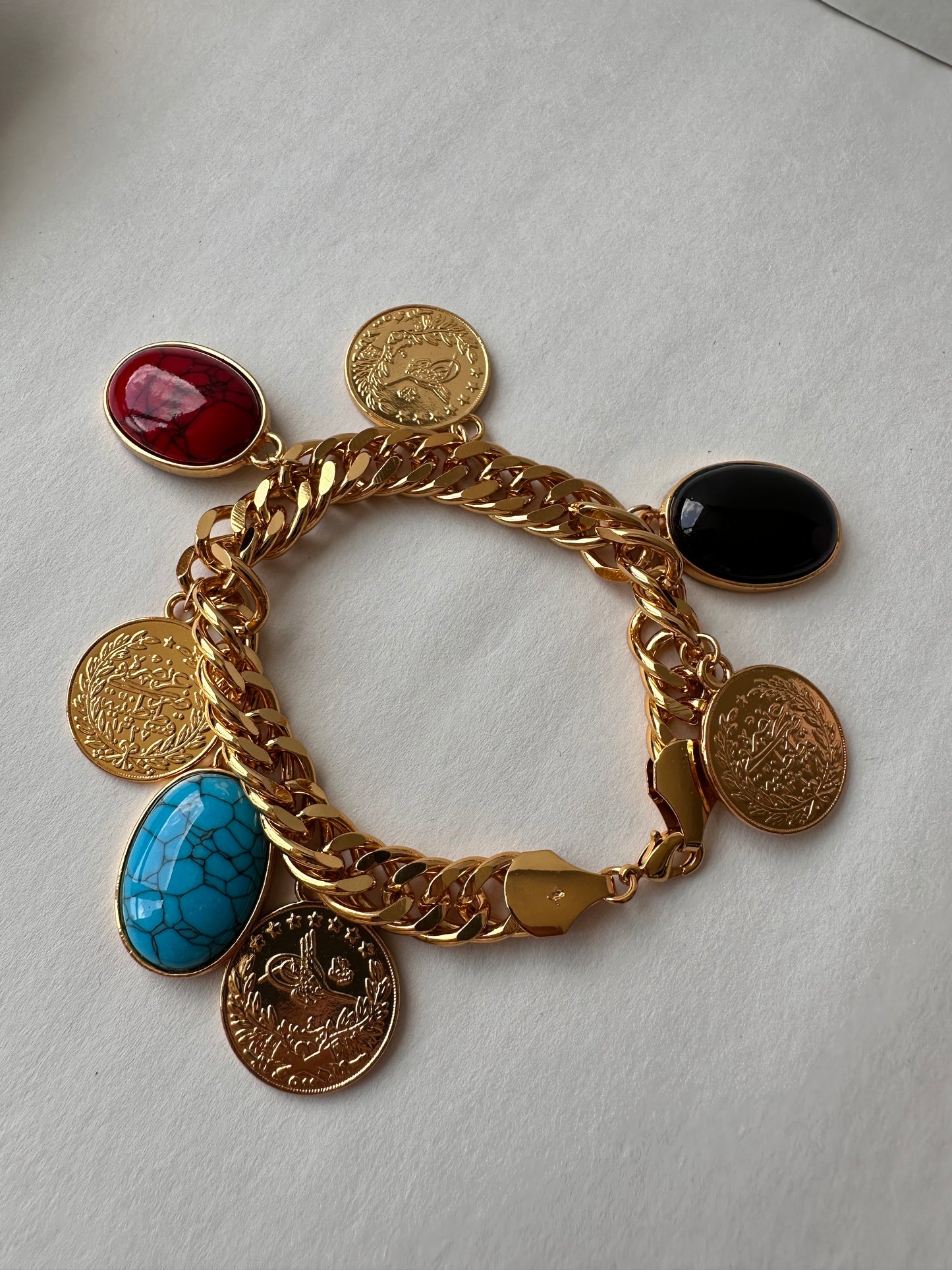 Chunky Vintage Gold Coin & Multi-Stone Charm Bracelet