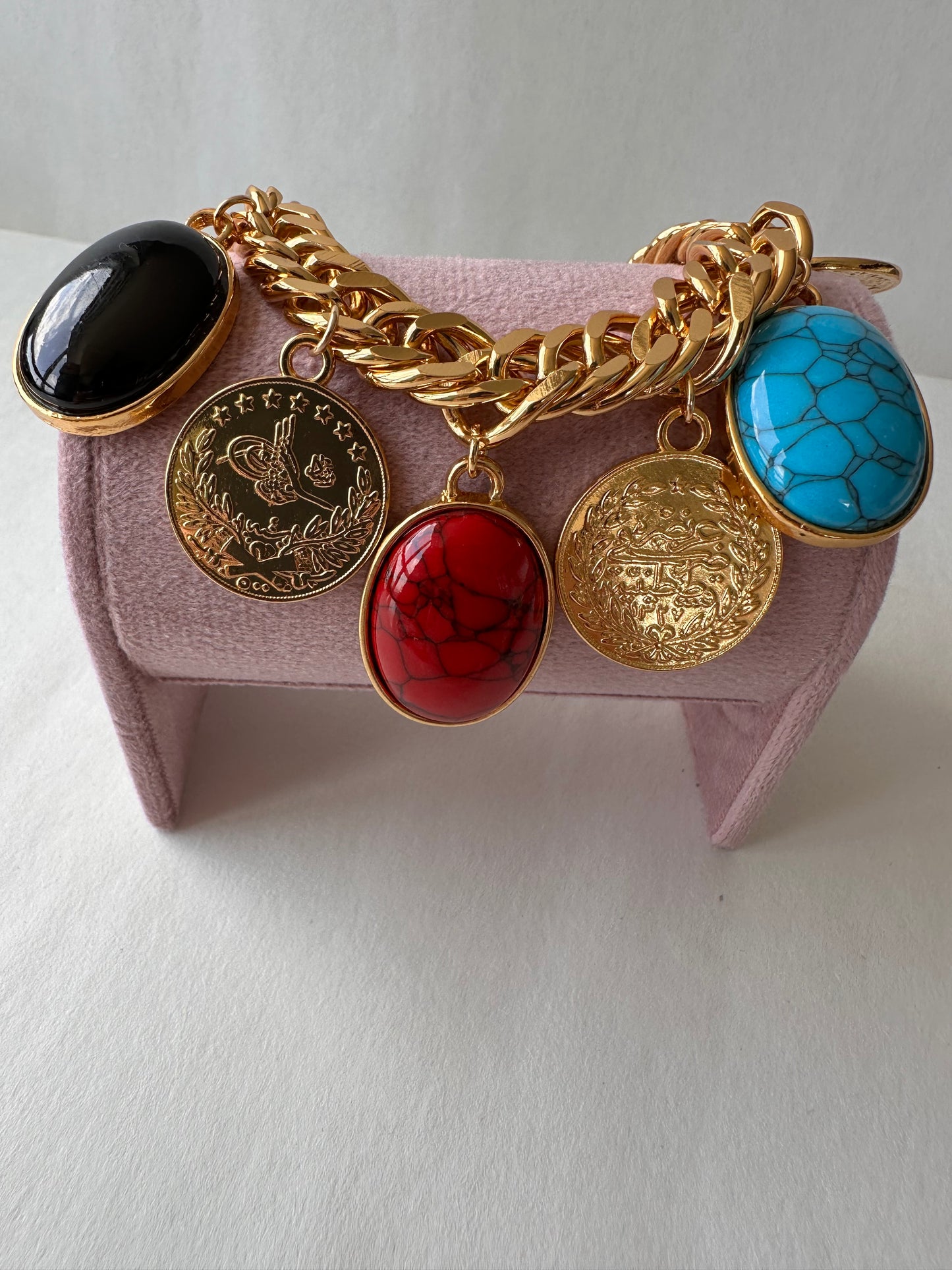 Chunky Vintage Gold Coin & Multi-Stone Charm Bracelet