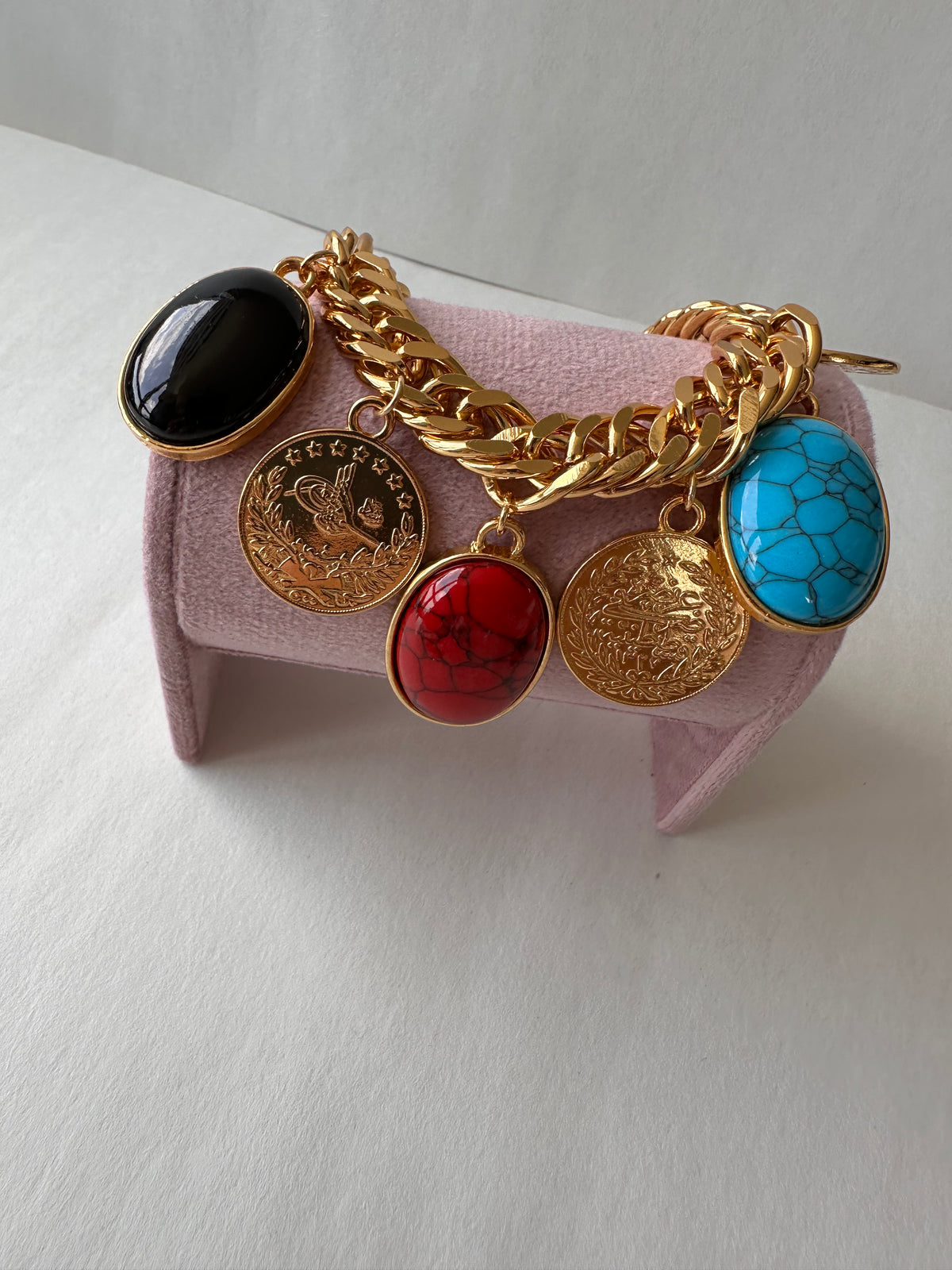 Chunky Vintage Gold Coin & Multi-Stone Charm Bracelet
