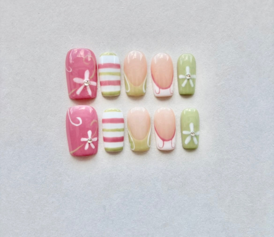 Pastel Matcha & Bubblegum Pink Flower Press-On Nails