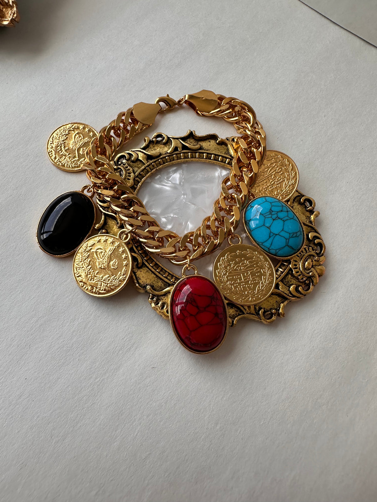 Chunky Vintage Gold Coin & Multi-Stone Charm Bracelet
