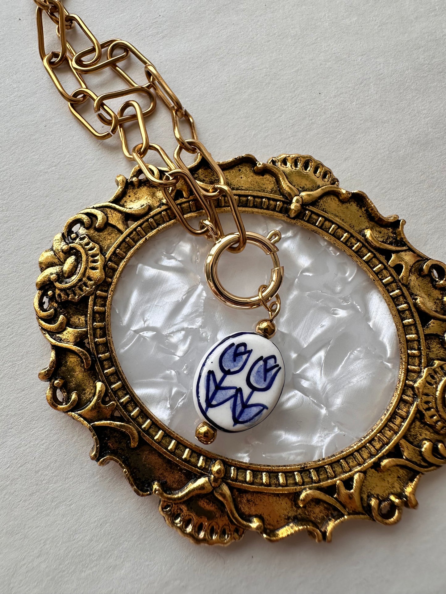 Vintage Delft-Style Ceramic Tulip Necklace