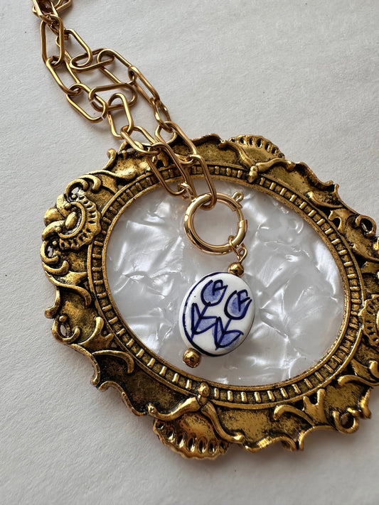 Vintage Delft-Style Ceramic Tulip Necklace