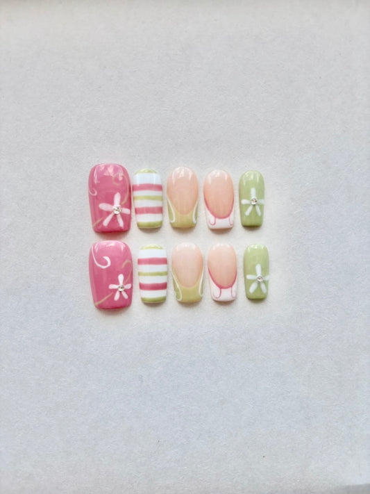 Pastel Matcha & Bubblegum Pink Flower Press-On Nails
