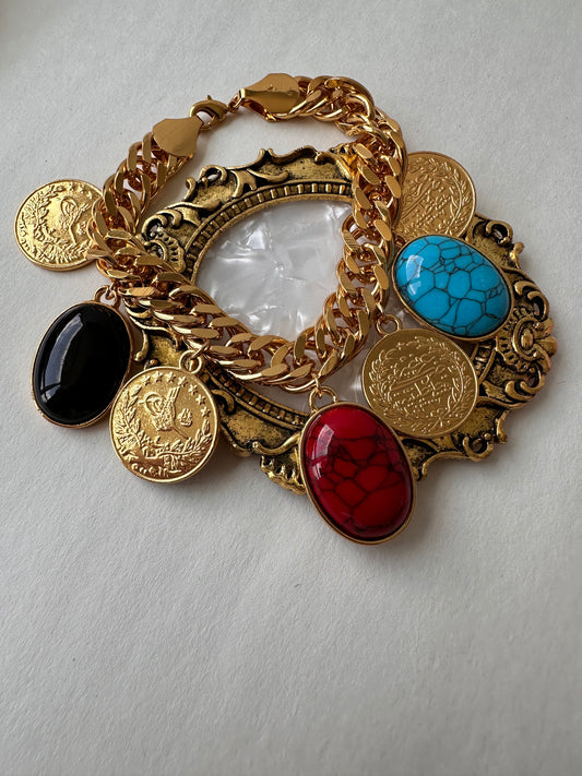 Chunky Vintage Gold Coin & Multi-Stone Charm Bracelet