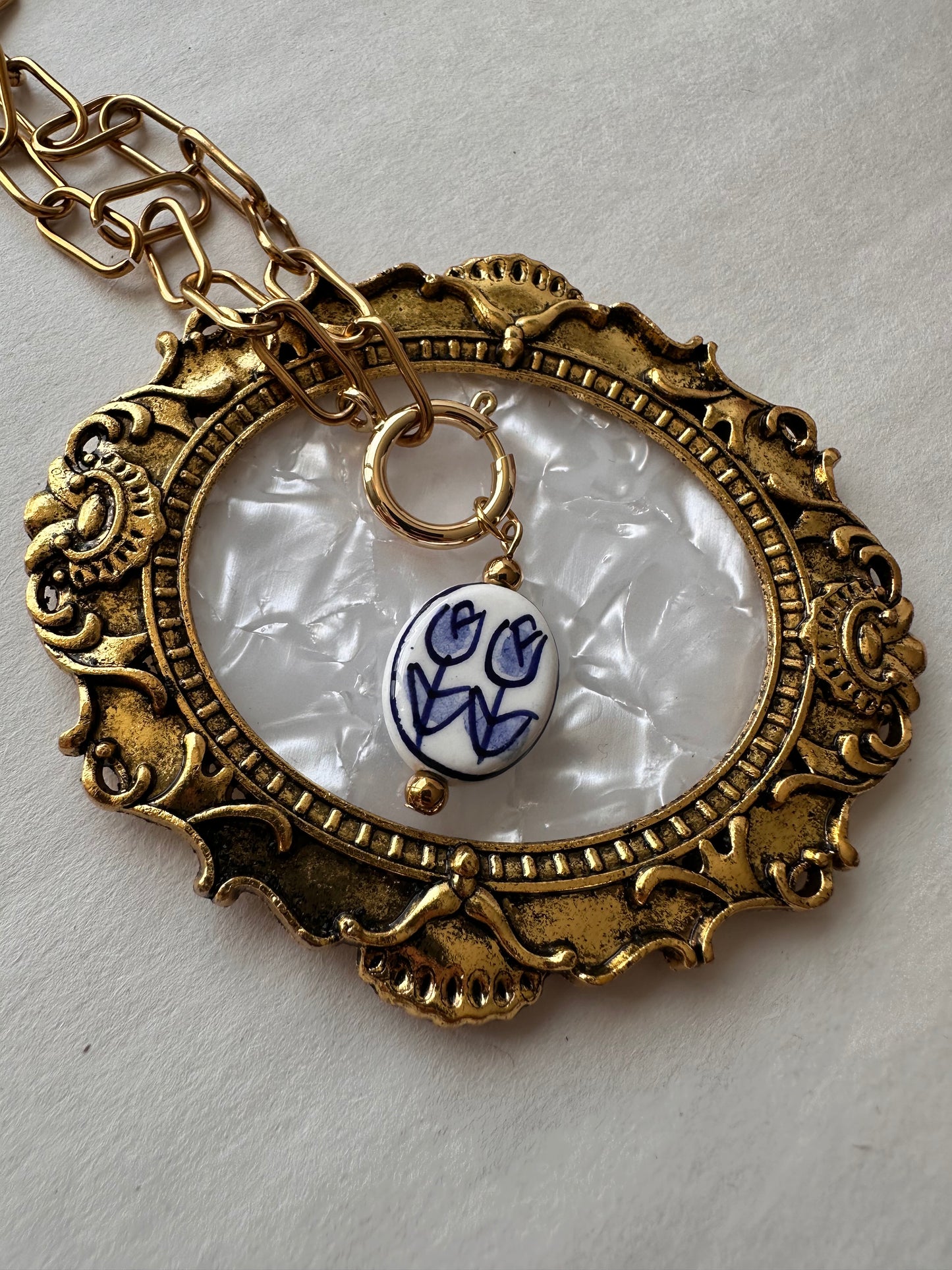 Vintage Delft-Style Ceramic Tulip Necklace