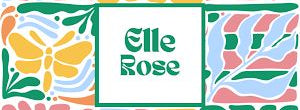 A square graphic design with the text 'Elle Rose' centered in a white panel surrounded by colorful retro floral and leaf motifs in yellow, pink, green, orange, and blue.